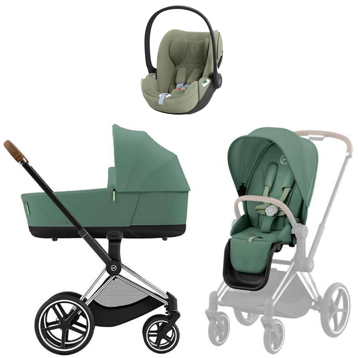 Коляска Cybex Priam IV Chrome Brown complete Cloud T Sage Green Plus 3 в 1 Leaf Green