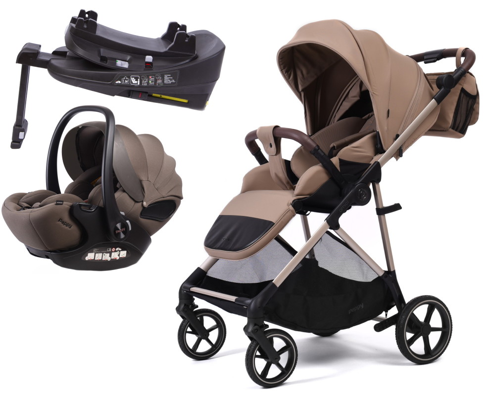 Прогулочная коляска Peppy Amici с автокреслом Verona Brown и базой Latte рама Beige