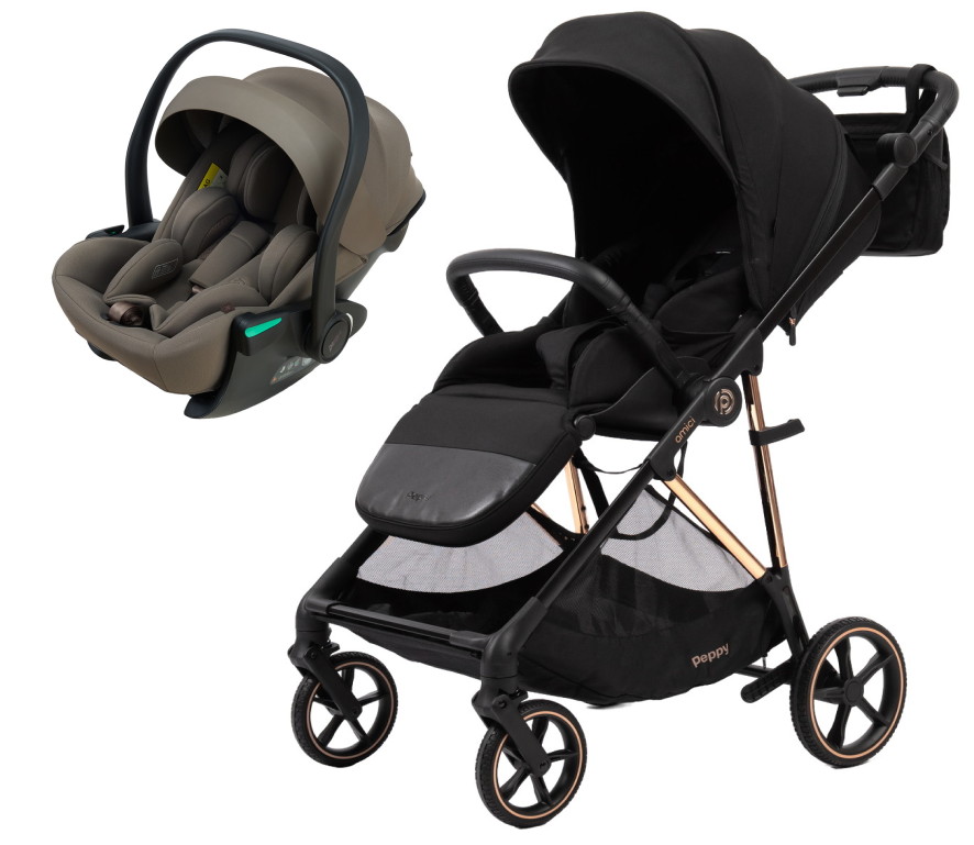 Прогулочная коляска Peppy Amici с автокреслом Jet Brown Black рама Gold