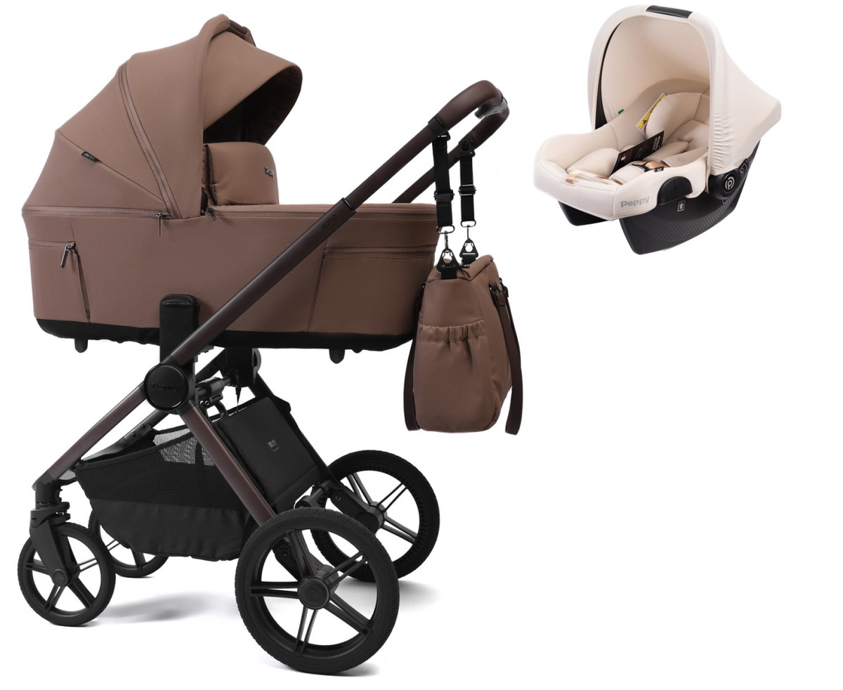 Детская коляска Peppy Soho 3 в 1 с автокреслом Rise Milk Cappuccino (капучино) рама шоколад