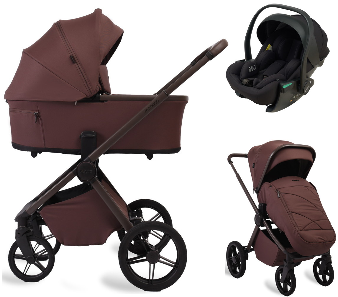 Детская коляска Peppy Monaco Plus 3 в 1 с автокреслом Jet Black Burgundy (винный), рама коричневая
