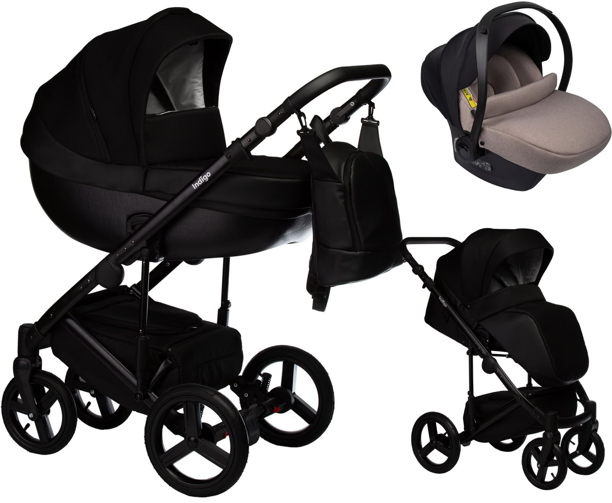 Детская коляска Indigo Tour Eco 3 в 1 с автокреслом Avionaut Cosmo Beige Te07 черная кожа+черный