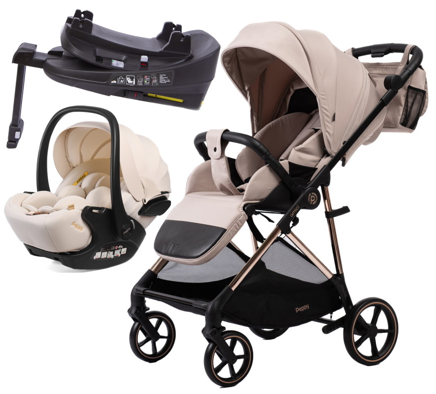 Прогулочная коляска Peppy Amici с автокреслом Verona Beige и базой Beige рама Gold