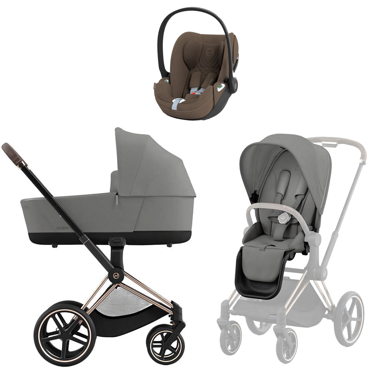 Коляска Cybex Priam IV Rosegold complete Cloud T Coconut Brown Plus 3 в 1 Mirage Grey