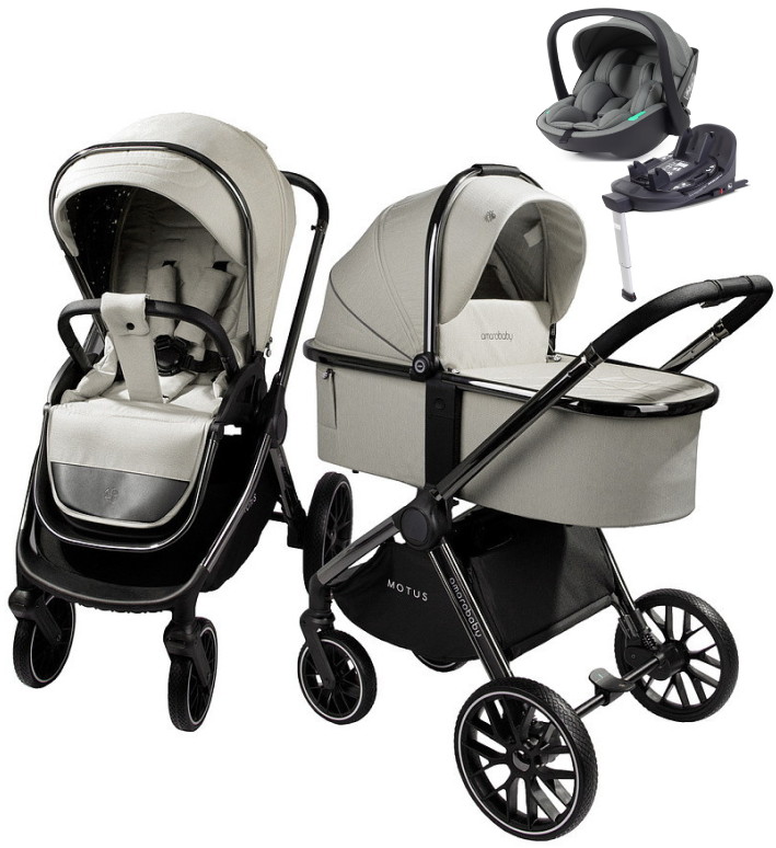 Детская коляска AmaroBaby Motus V2 4 в 1 с автокреслом Rant Miro Olive и базой белый
