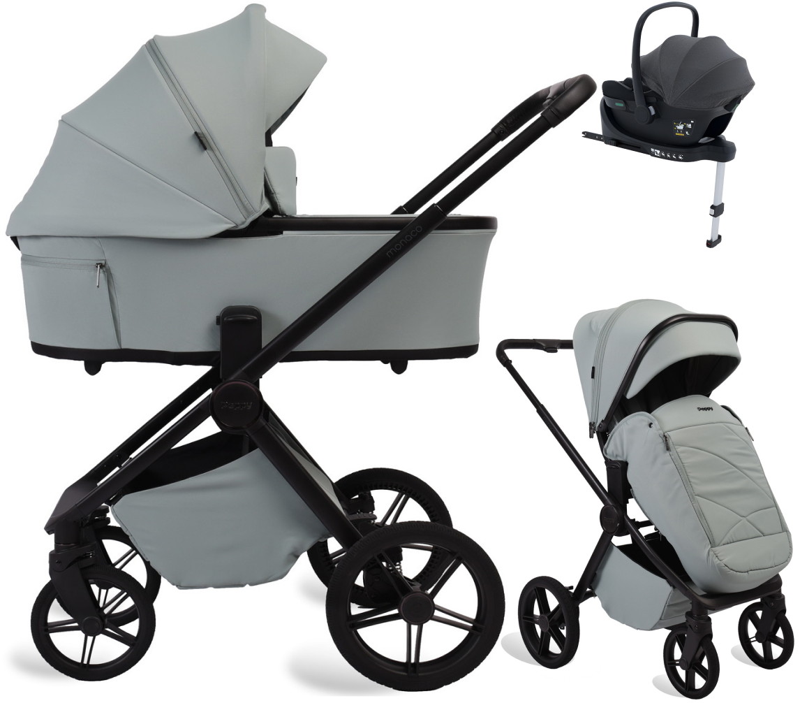 Детская коляска Peppy Monaco Plus 4 в 1 с автокреслом Jovikids Aria Black и базой Mint (мятный), рама черная