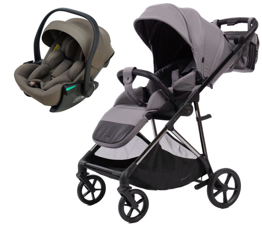 Прогулочная коляска Peppy Amici с автокреслом Jet Brown Grey рама Black Chrome