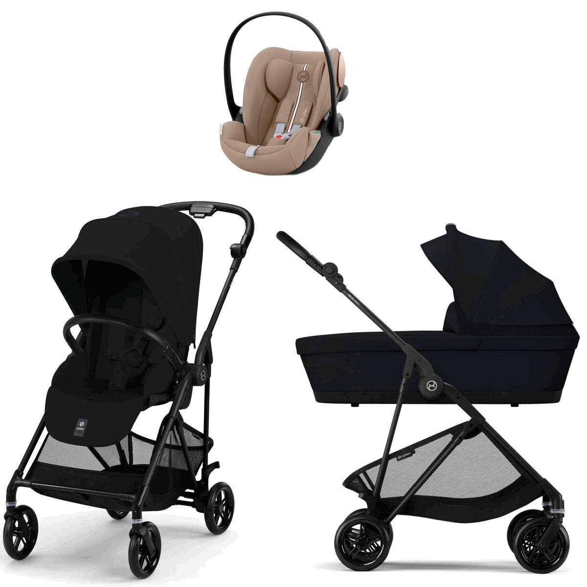 Коляска Cybex Melio Carbon Cloud G i-Size Almond Beige Plus 3 в 1 Magic Black с дождевиками