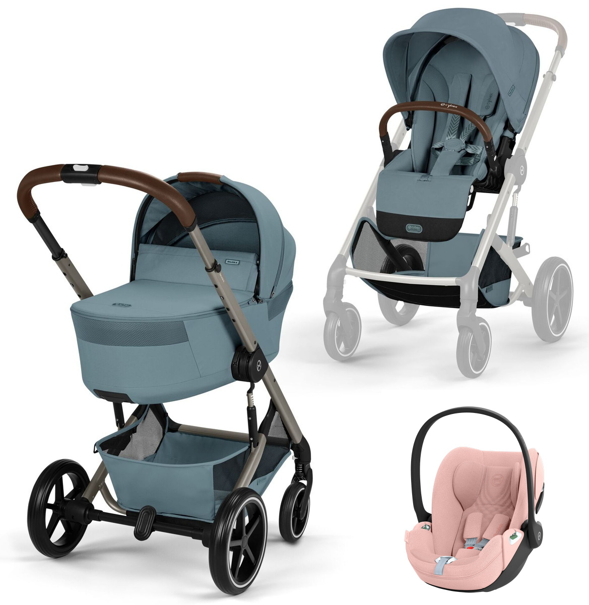 Коляска Cybex Balios S Lux Fold Cot TPE Cloud T Peach Pink Plus 3 в 1 Stormy Blue с дождевиками
