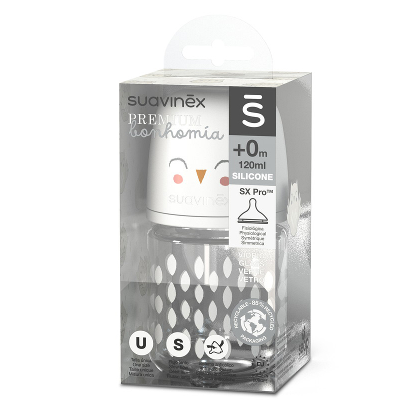 Стеклянная бутылочка Suavinex Pro Physiological 120 мл, с соской из силикона, медленный поток 0+ 307827 BG
