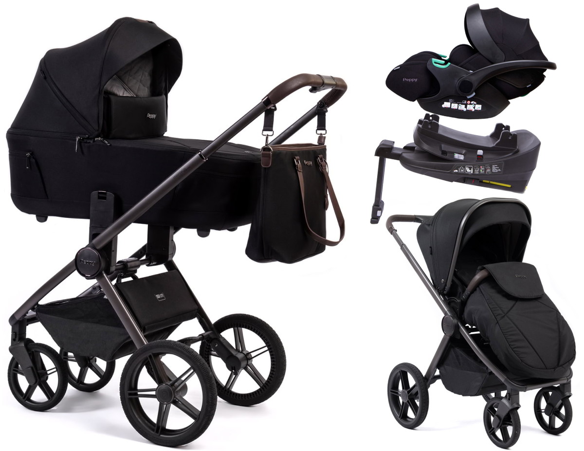 Детская коляска Peppy Monaco Thermo 4 в 1 с автокреслом Verona Black и базой Black (черный), рама серо-коричневая