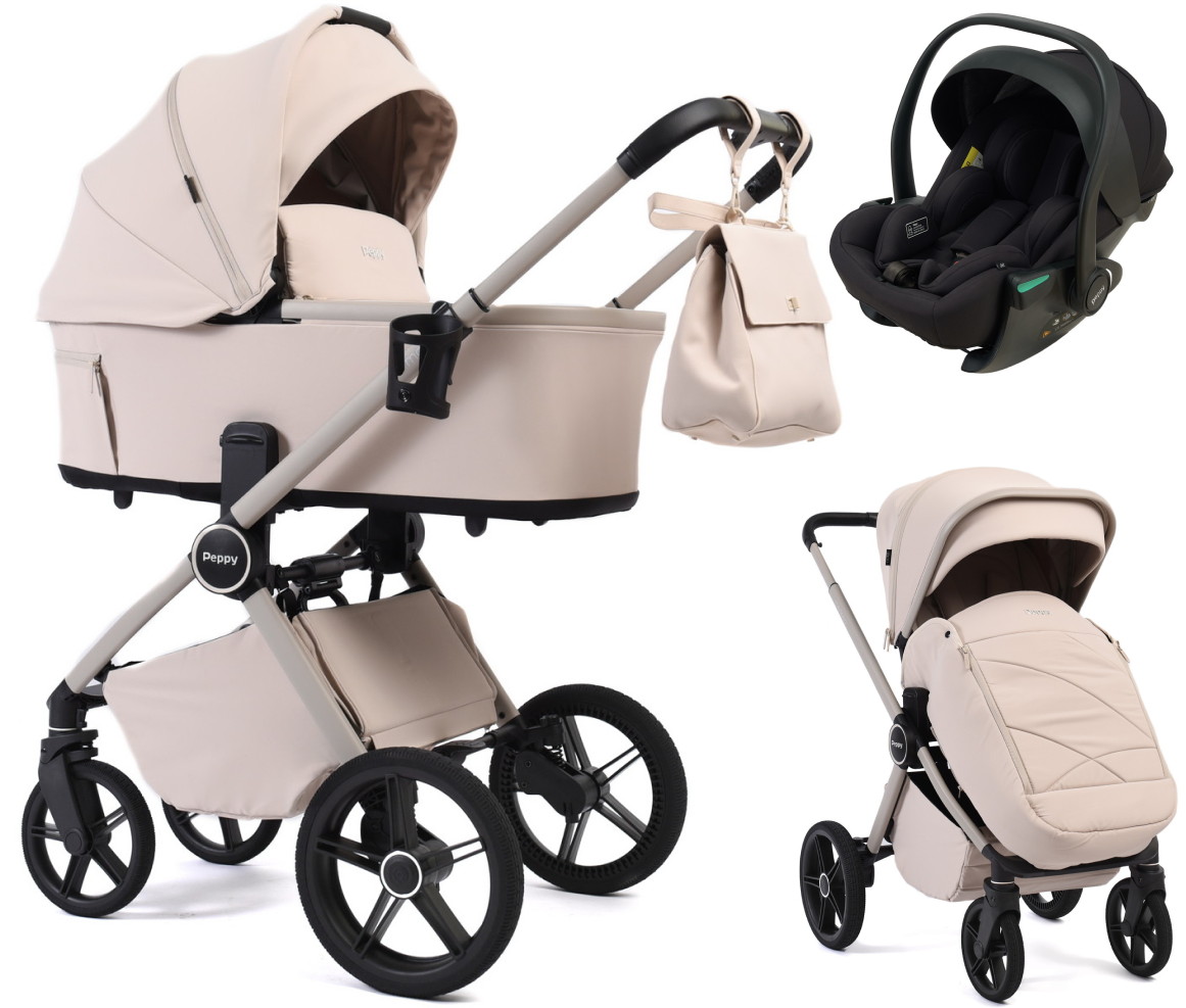 Детская коляска Peppy Monaco Plus 3 в 1 с автокреслом Jet Black Cream (кремовый), рама бежевая