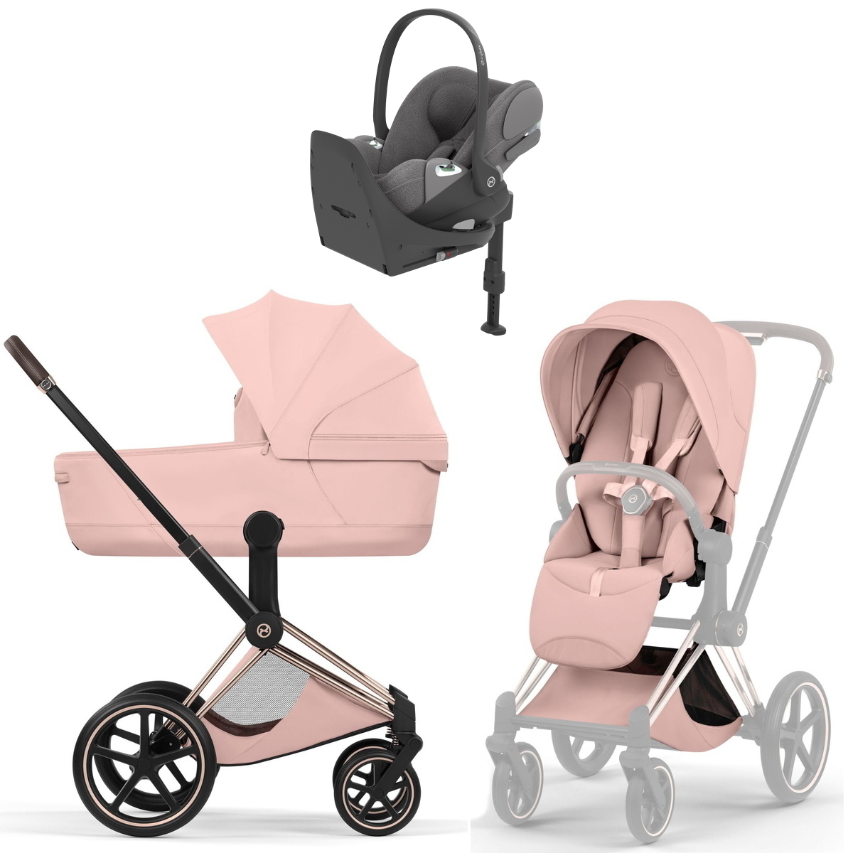Коляска Cybex Priam V Rosegold Style Cloud T Mirage Grey Plus Base T 4 в 1 Peach Pink