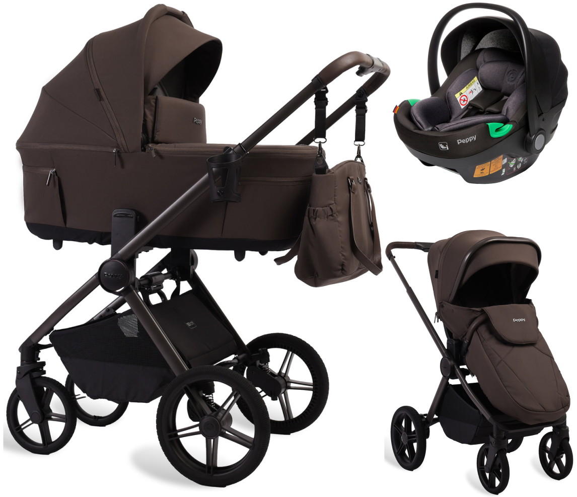 Детская коляска Peppy Soho 3 в 1 с автокреслом First Brown (коричневый), рама серо-бежевый