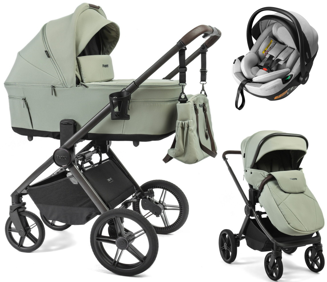 Детская коляска Peppy Soho 3 в 1 с автокреслом Welldon Crown 2 Grey Oregano (орегано), рама серо-бежевый
