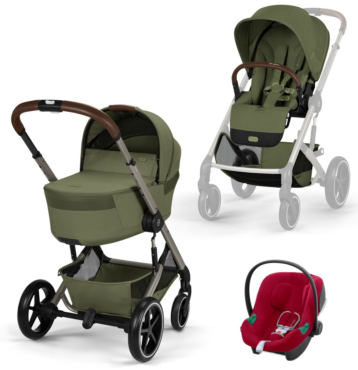 Коляска Cybex Balios S Lux Fold Cot TPE Aton B2 Dynamic Red 3 в 1 Moss Green с дождевиками