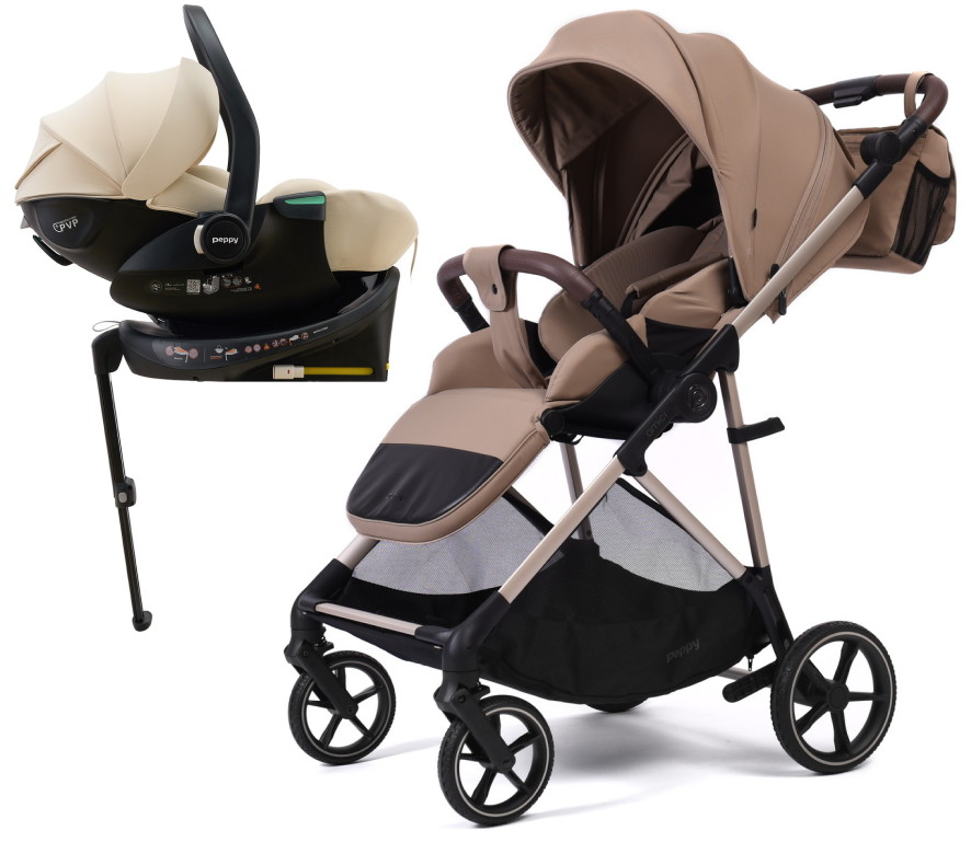 Прогулочная коляска Peppy Amici с автокреслом Jet Beige и базой Latte рама Beige