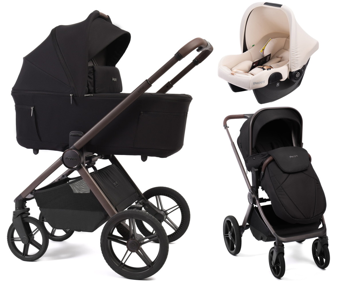 Детская коляска Peppy Soho 3 в 1 с автокреслом Rise Milk Black (черный) рама шоколад