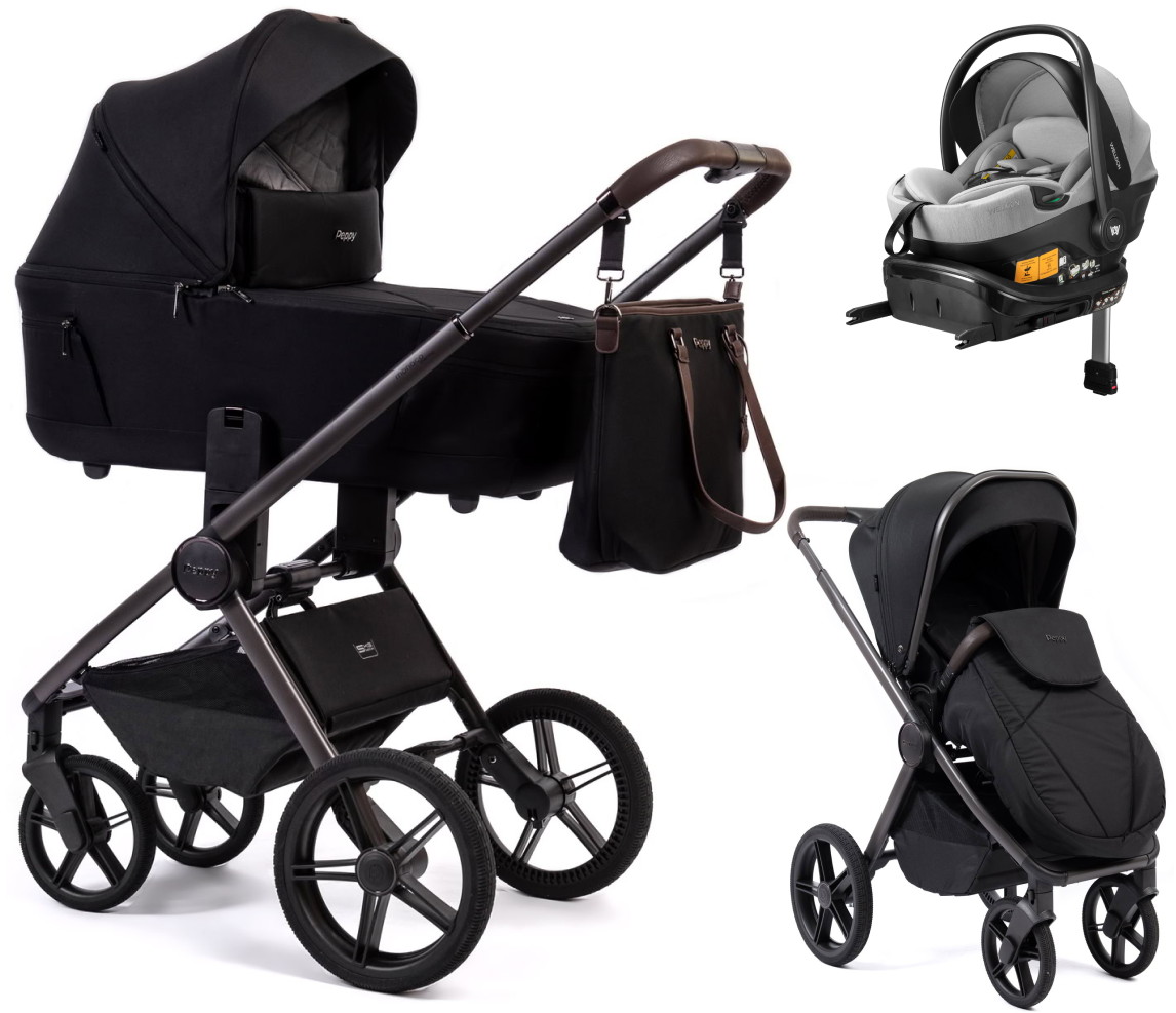 Детская коляска Peppy Monaco Thermo 4 в 1 с автокреслом Welldon Crown 2 Grey и базой Black (черный), рама серо-коричневая
