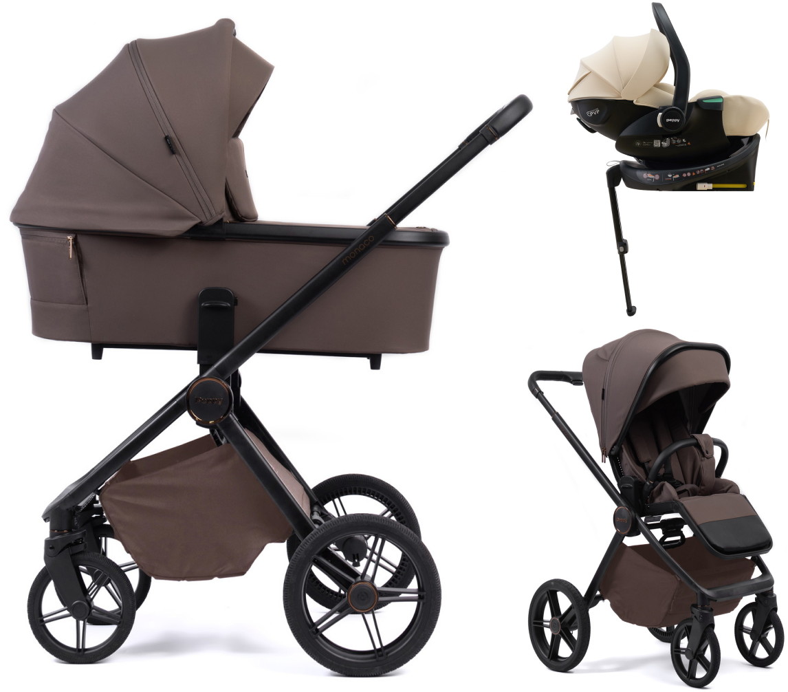 Детская коляска Peppy Monaco Plus 4 в 1 с автокреслом Jet Beige и базой Brownie (коричневый), рама черная