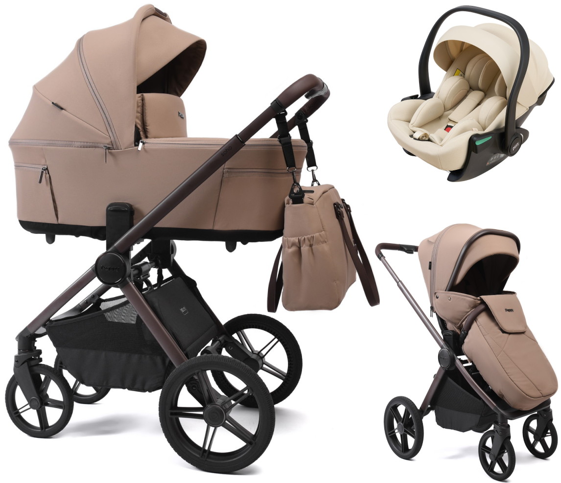 Детская коляска Peppy Soho 3 в 1 с автокреслом Jet Beige Sand (песочный) рама шоколад