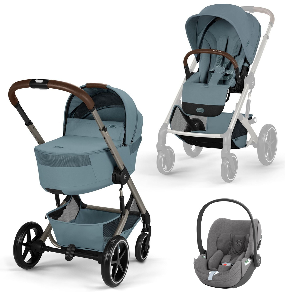 Коляска Cybex Balios S Lux Fold Cot TPE Cloud T Mirage Grey Plus 3 в 1 Stormy Blue с дождевиками