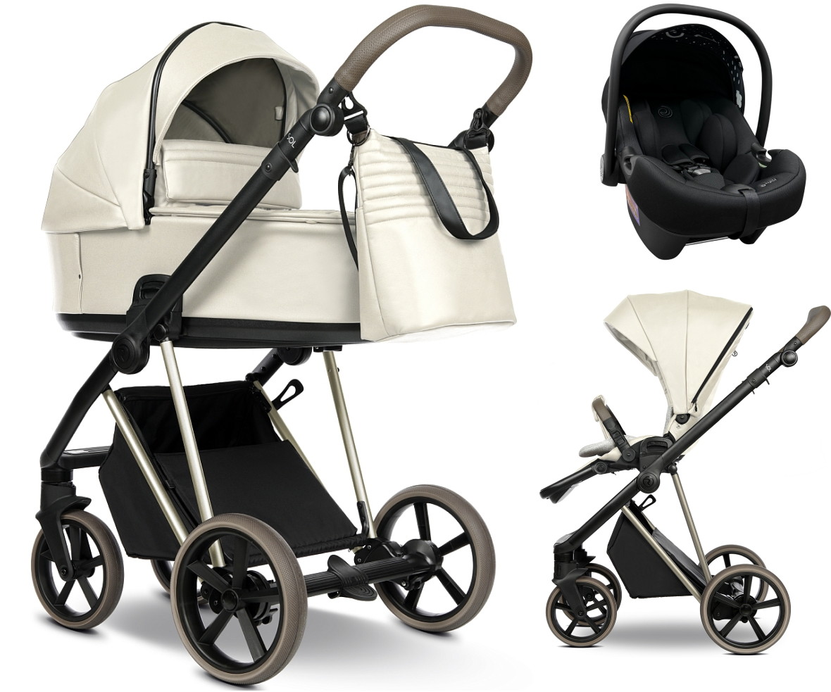 Детская коляска Roan Sol Vintage Luxury Leather 3 в 1 с автокреслом Tutis Elo Lux EduSky Black VEGA01DB Butter Cream/Champagne/руч.Cappuccino