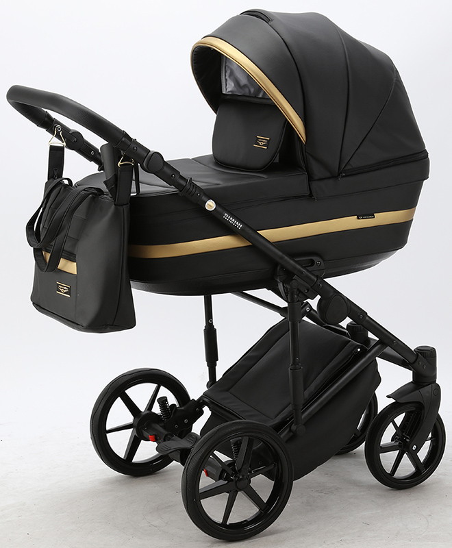 Детская коляска Adamex Rimini Deluxe 3 в 1 RI203 ЧЕРН.КОЖА+ЗОЛОТО.ОТДЕЛКА