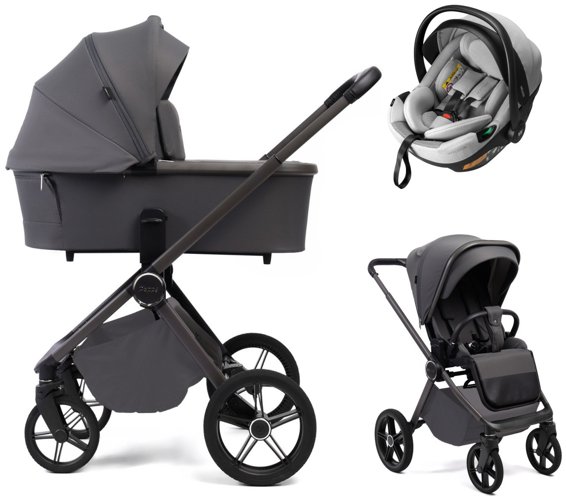 Детская коляска Peppy Monaco Plus 3 в 1 с автокреслом Welldon Crown 2 Grey Antrazit (графитовый), рама серая