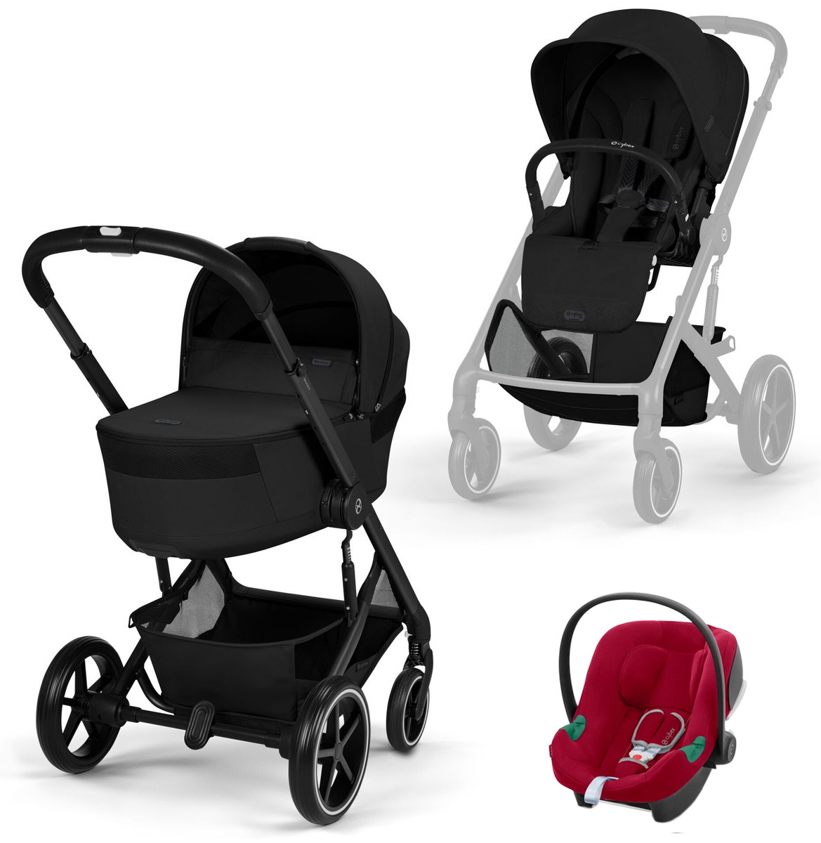 Коляска Cybex Balios S Lux Fold Cot BLK Aton B2 Dynamic Red 3 в 1 Moon Black с дождевиками