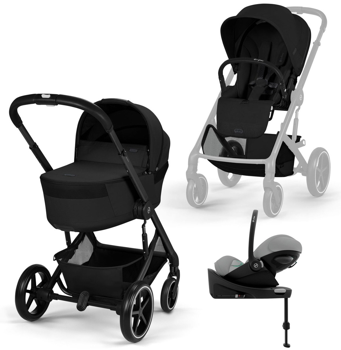 Коляска Cybex Balios S Lux Fold Cot BLK Cloud G3 Stone Grey Plus Base G3 4 в 1 Moon Black с дождевиками