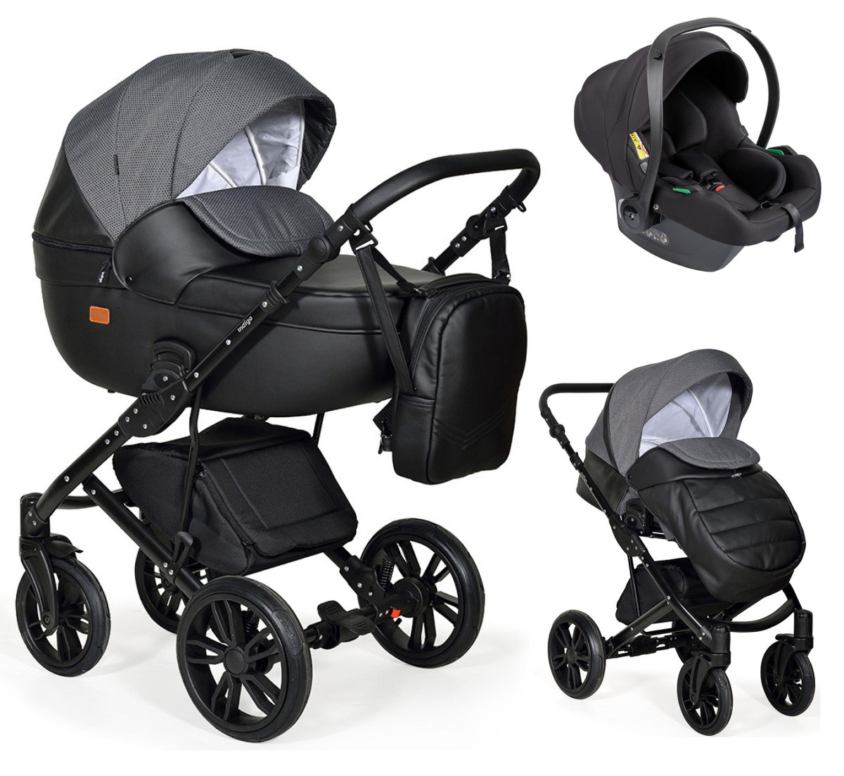 Детская коляска Indigo Mio 3 в 1 Mi 07 черная кожа+черный узор