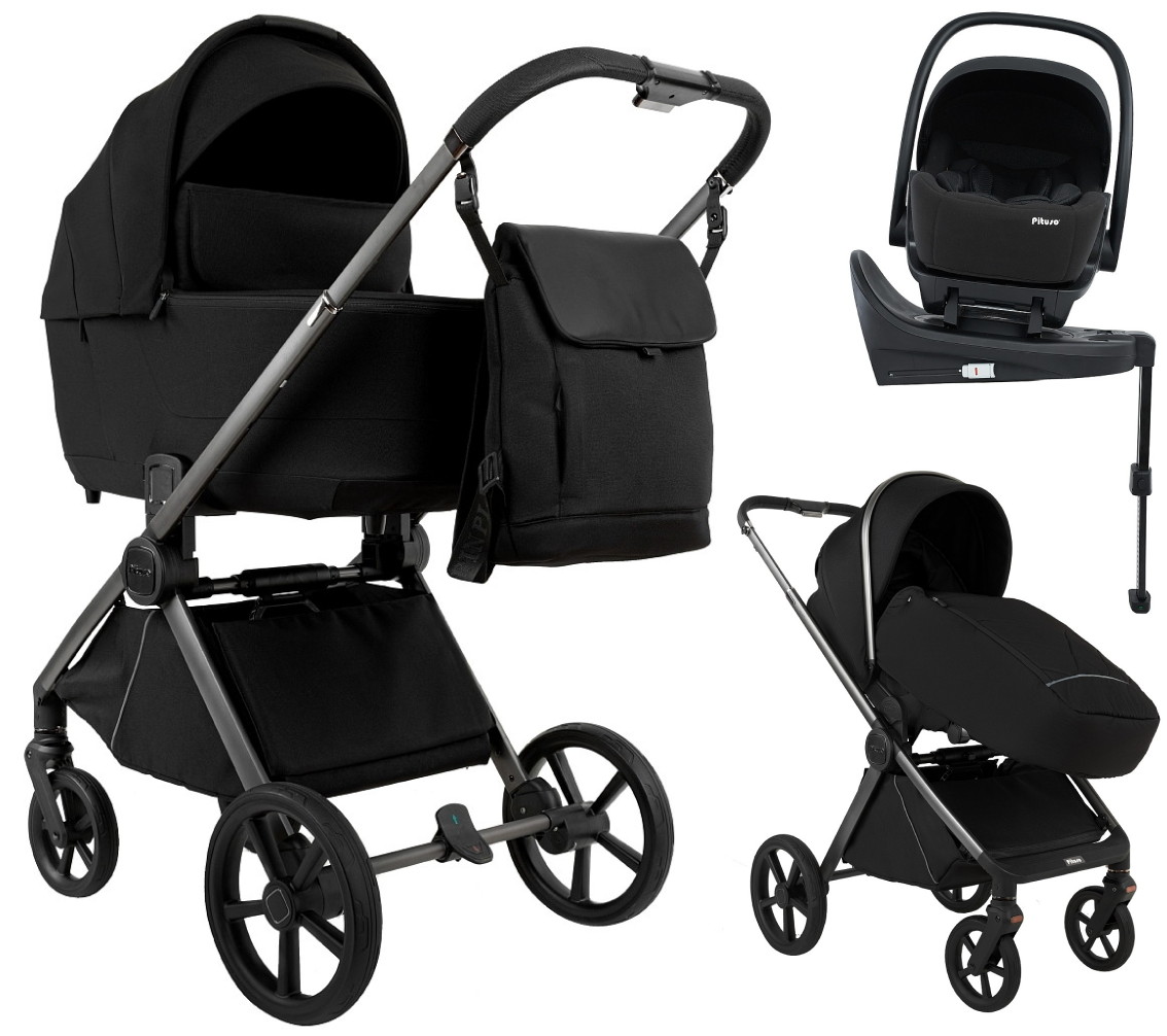 Детская коляска Pituso Teffy 4 в 1 с автокреслом Baesa Black с базой Caviar Black/Graphite