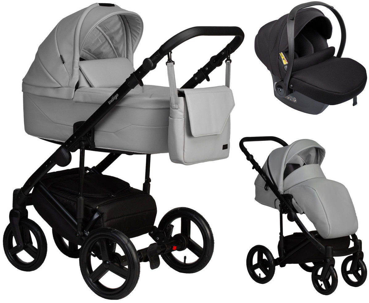 Детская коляска Indigo Lamar 3 в 1 с автокреслом Avionaut Cosmo Black La06 св.серая кожа