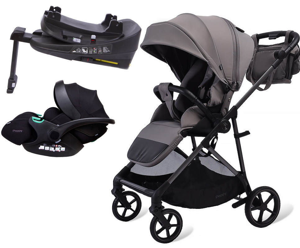 Прогулочная коляска Peppy Amici с автокреслом Verona Black и базой Grey серый, рама серая