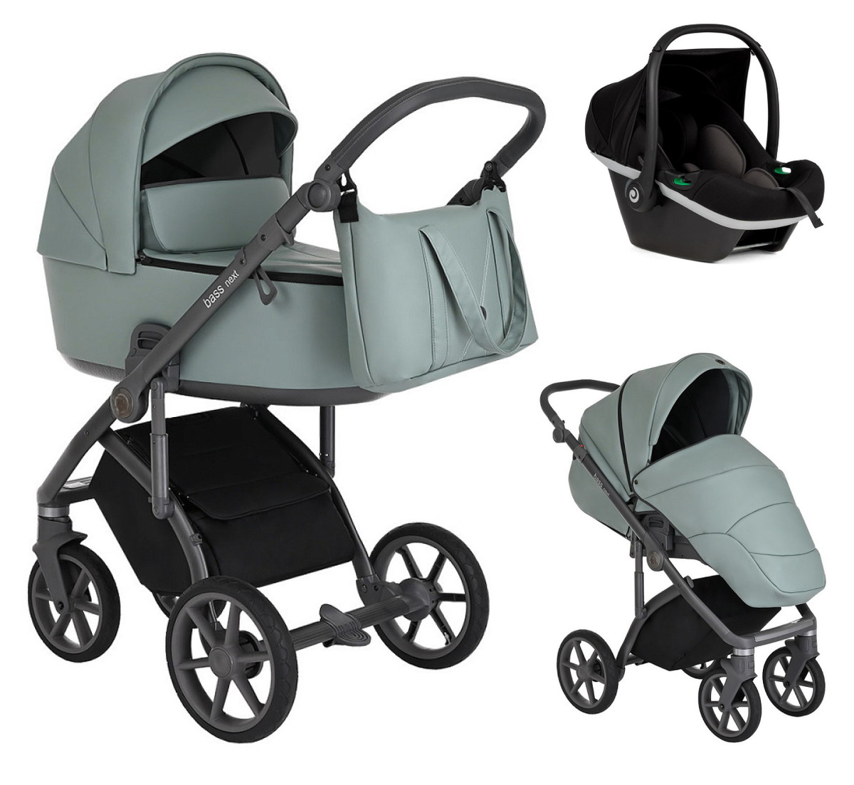 Детская коляска Roan Bass Next Кожа 3 в 1 с автокреслом Tutis Elo Black RN085/1 Misti Mint