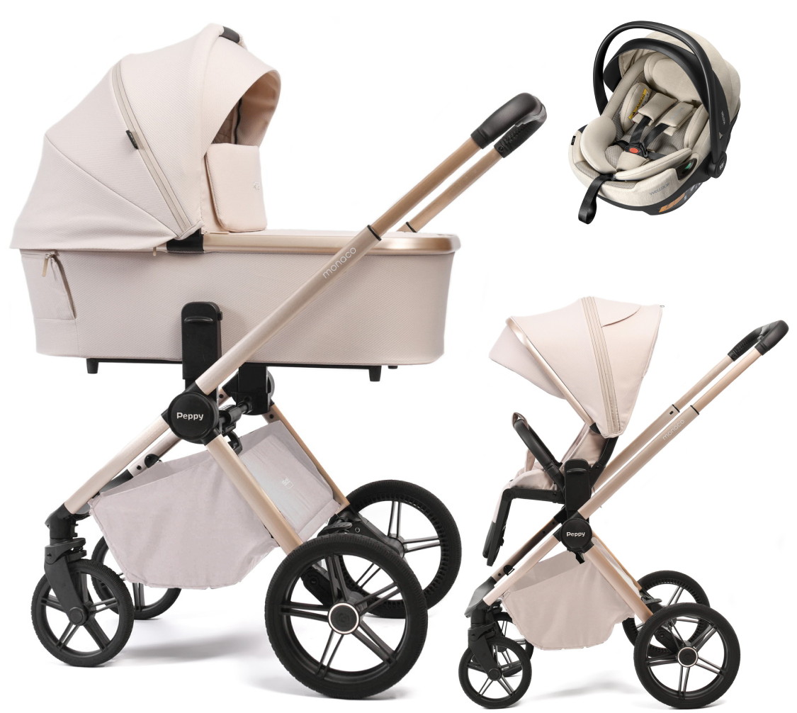 Детская коляска Peppy Monaco Plus 3 в 1 с автокреслом Welldon Crown 2 Beige (бежевый), рама беж, шлифованный алюминий
