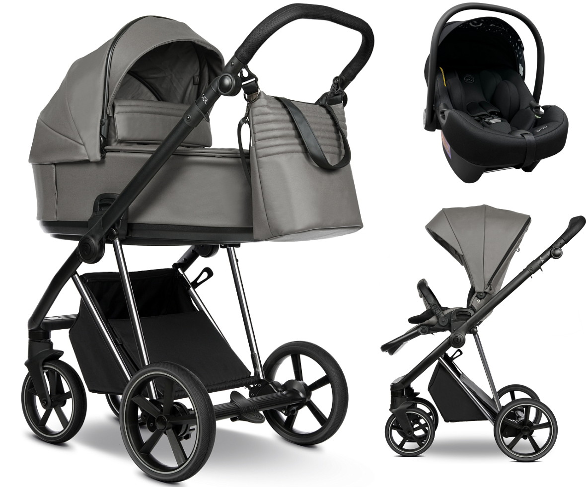 Детская коляска Roan Sol Vintage Luxury Leather 3 в 1 с автокреслом Tutis Elo Lux EduSky Black VEGA88DB Glacier Gray/Nickel/руч.Black