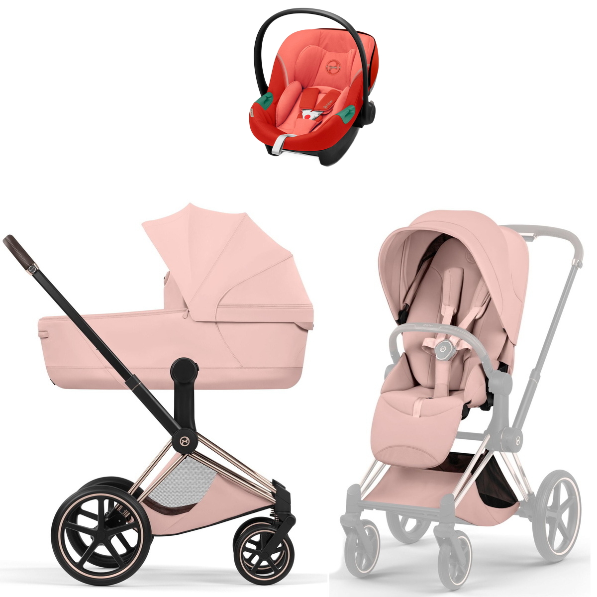 Коляска Cybex Priam V Rosegold Style Aton S2 Hibiscus Red 3 в 1 Peach Pink