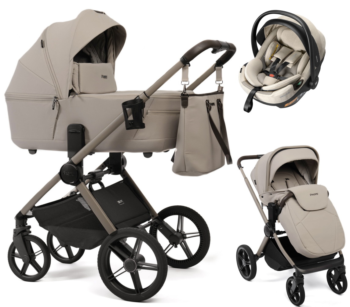 Детская коляска Peppy Monaco Thermo 3 в 1 с автокреслом Welldon Crown 2 Latte (бежевый), рама бежевая