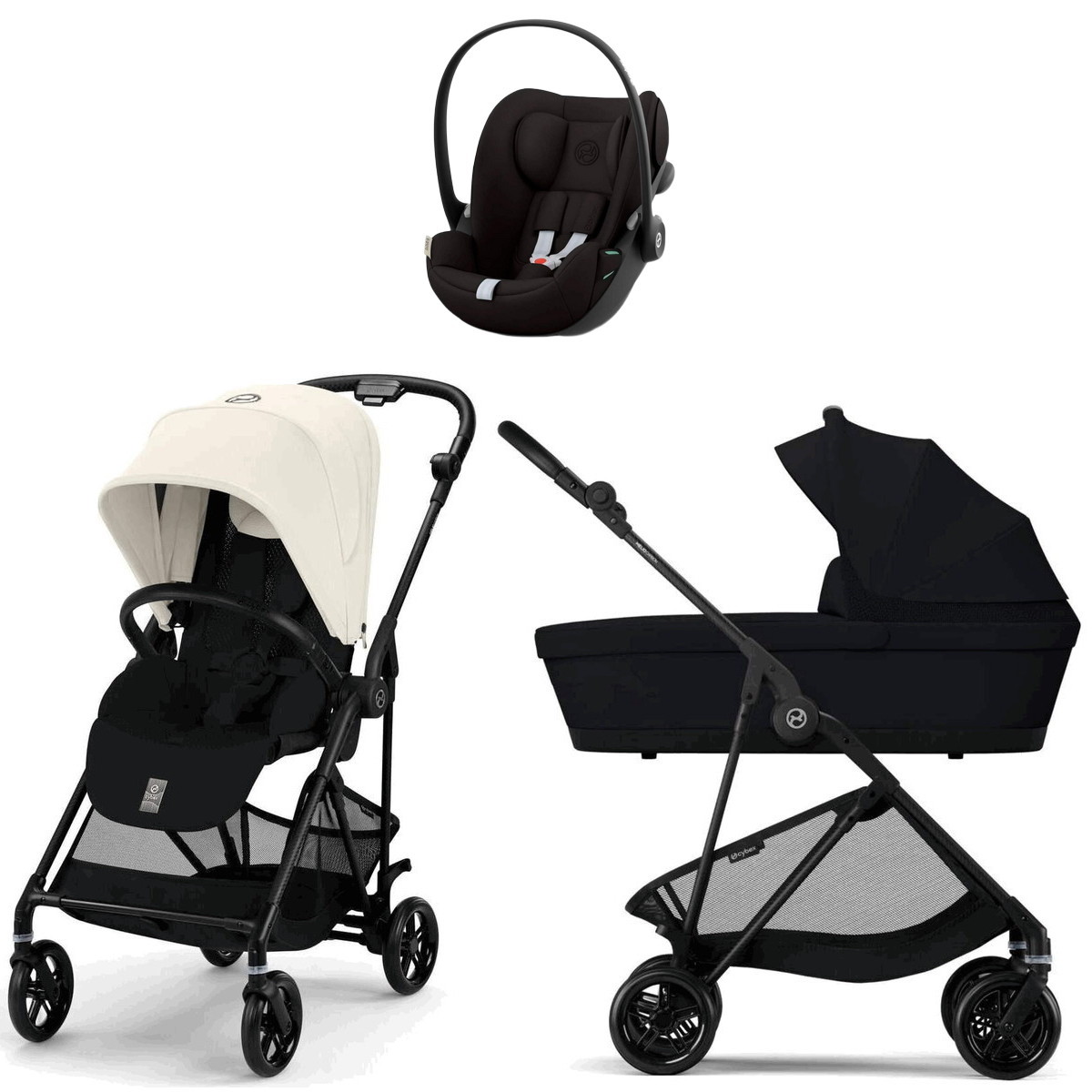 Коляска Cybex Melio Carbon Cloud G i-Size Magic Black 3 в 1 Canvas White/Magic Black с дождевиками