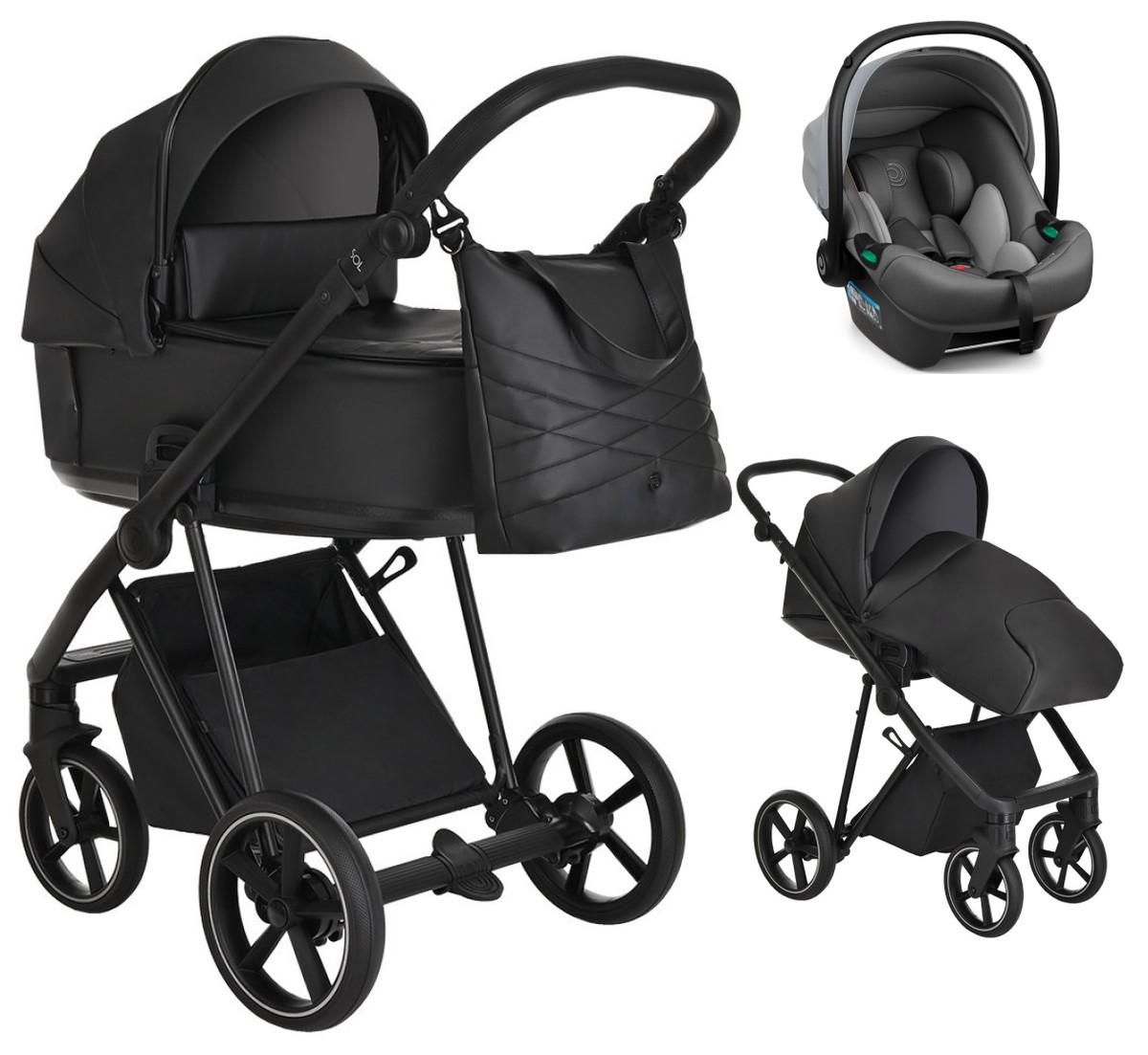 Детская коляска Roan Sol Кожа 3 в 1 с автокреслом Tutis Elo Lux Grey RSL/2027 Black /Black/руч.Черный