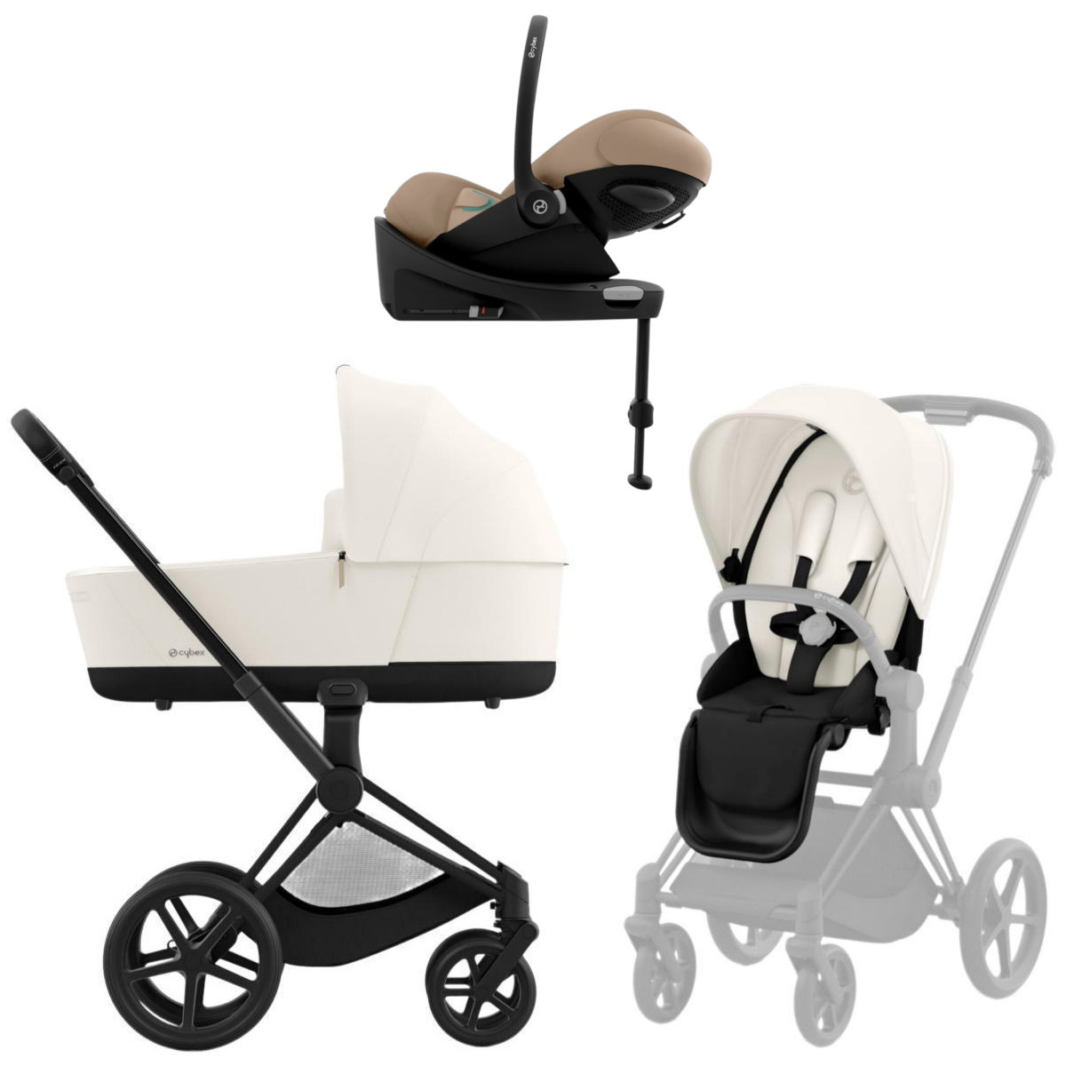 Коляска Cybex Priam IV Matt Black complete Cloud G Almond Beige Plus Base G 3 в 1 Off White