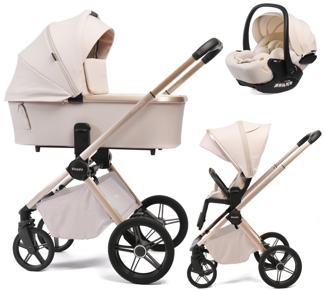 Детская коляска Peppy Monaco Plus 3 в 1 с автокреслом Verona Beige Beige (бежевый), рама беж, шлифованный алюминий