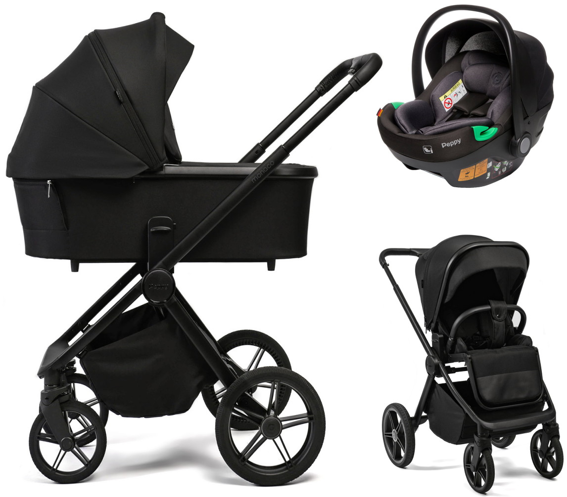 Детская коляска Peppy Monaco Plus 3 в 1 с автокреслом First Black Black (черный), рама черная