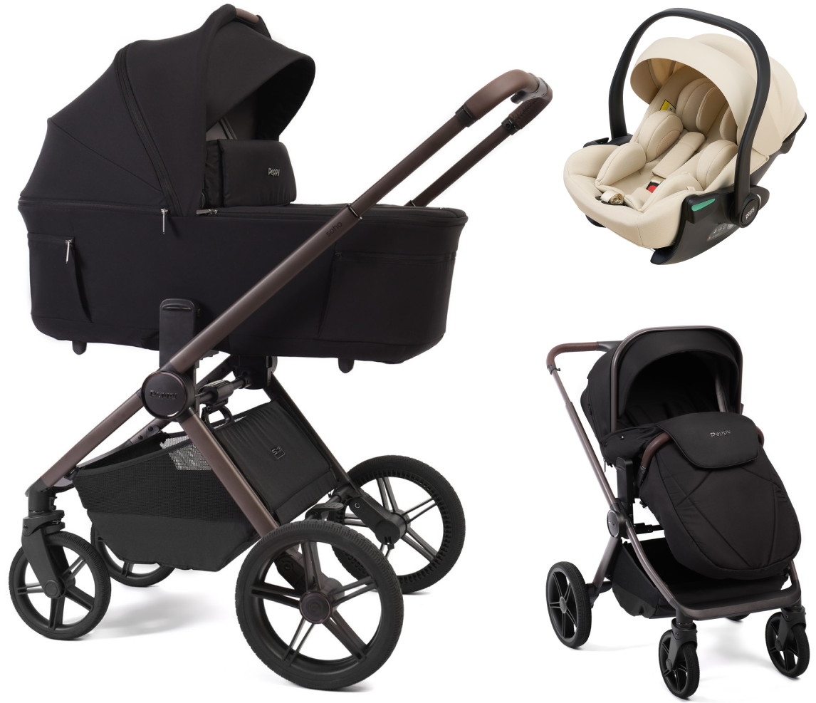 Детская коляска Peppy Soho 3 в 1 с автокреслом Jet Beige Black (черный) рама шоколад