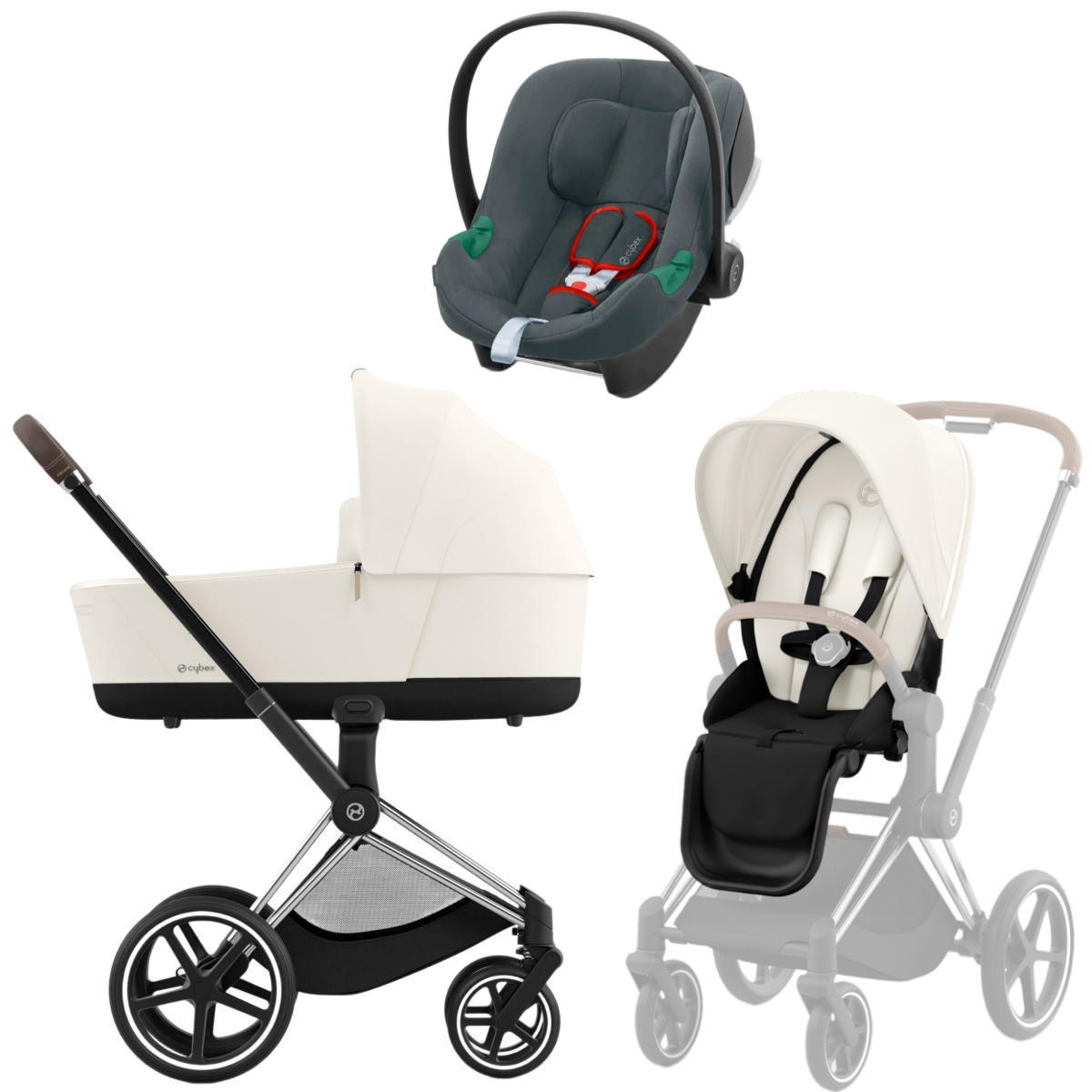 Коляска 3 в 1 Cybex Priam IV Chrome Brown complete и автокресло Aton B2 i-Size Steel Grey Off White