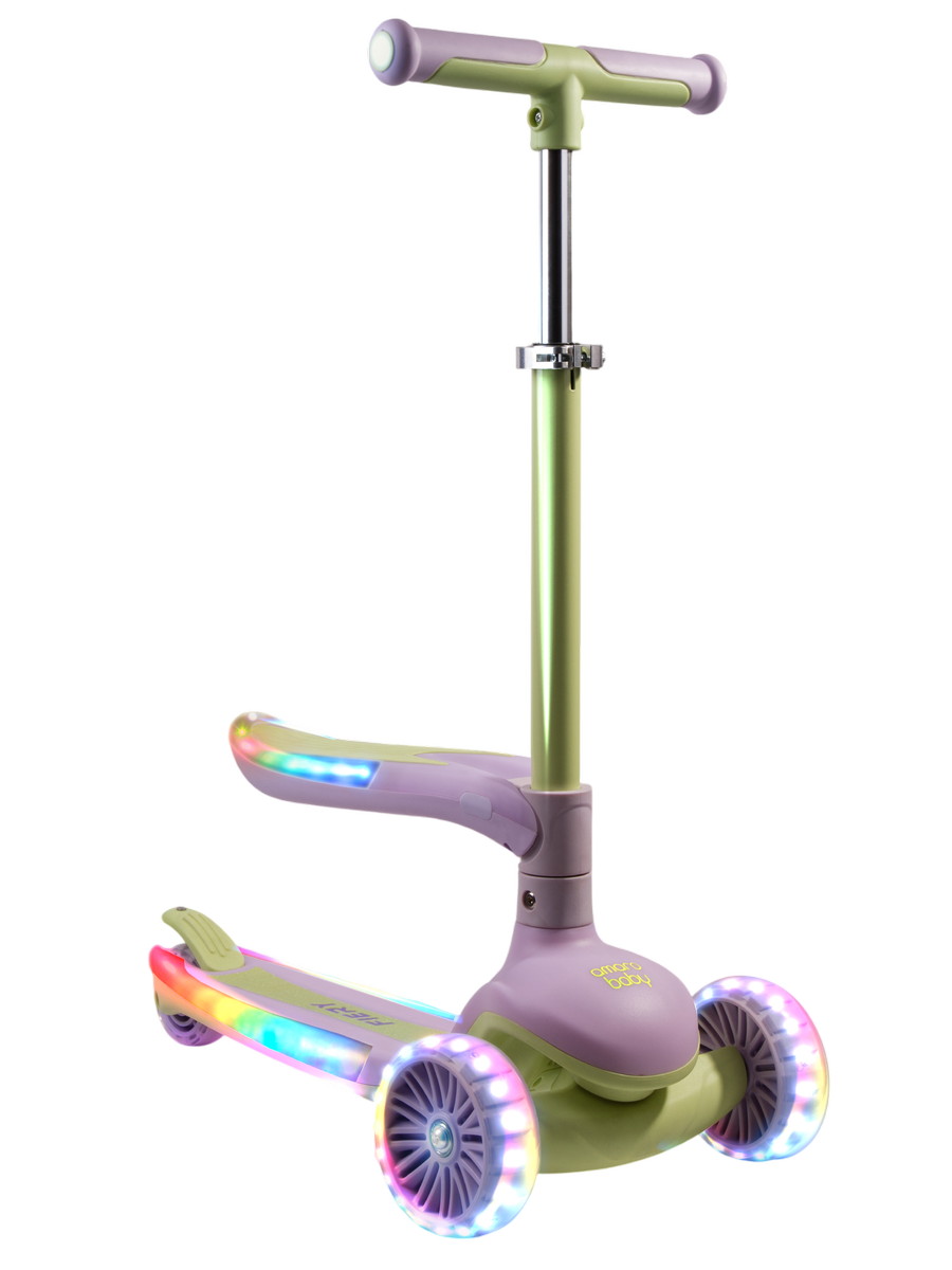Самокат трехколёсный Amarobaby Fiery с сиденьем салатовый/сиреневый