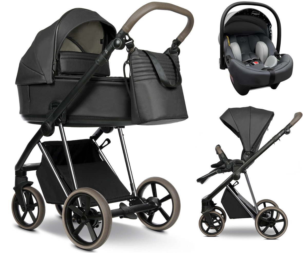 Детская коляска Roan Sol Vintage Luxury Leather 3 в 1 с автокреслом Tutis Elo Lux EduSky Grey VEGA99DB Woodland Gray/Nickel/руч.Cappuccino