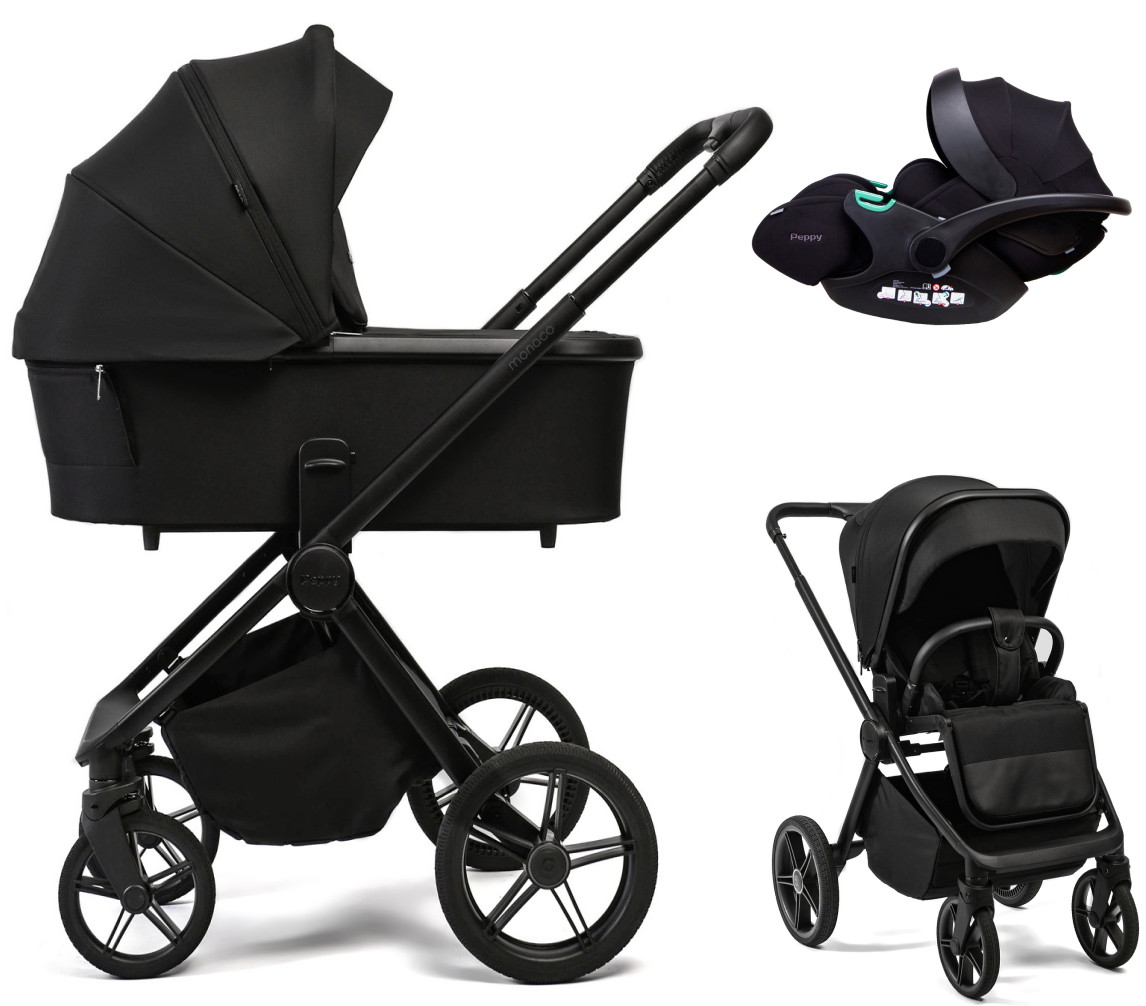 Детская коляска Peppy Monaco Plus 3 в 1 с автокреслом Verona Black Black (черный), рама черная